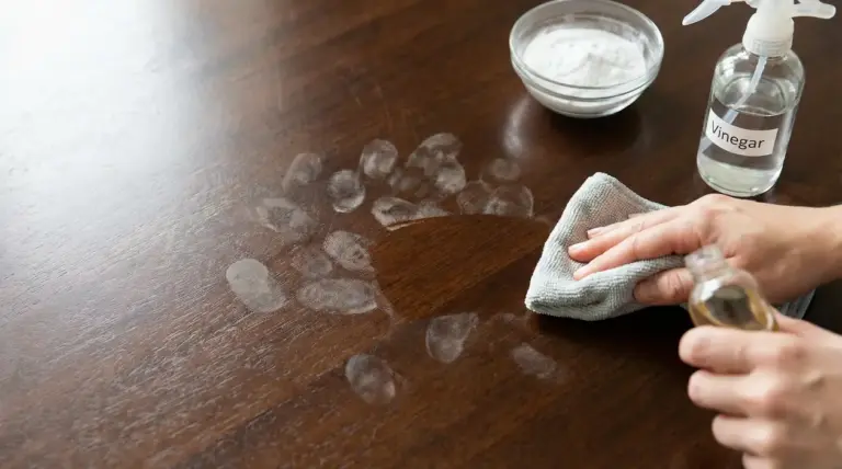 Mano che pulisce ditate da una superficie in legno con un panno e aceto