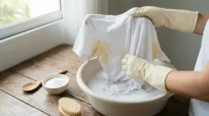 Persona con guanti che lava una maglietta bianca con macchie di sudore in una bacinella con acqua saponata