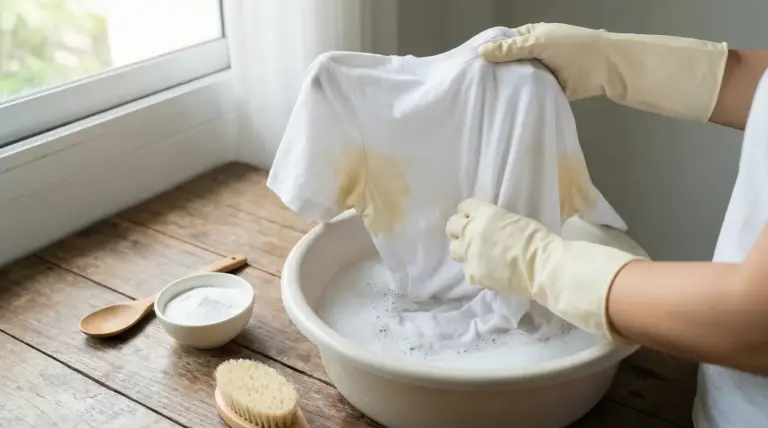 Persona con guanti che lava una maglietta bianca con macchie di sudore in una bacinella con acqua saponata
