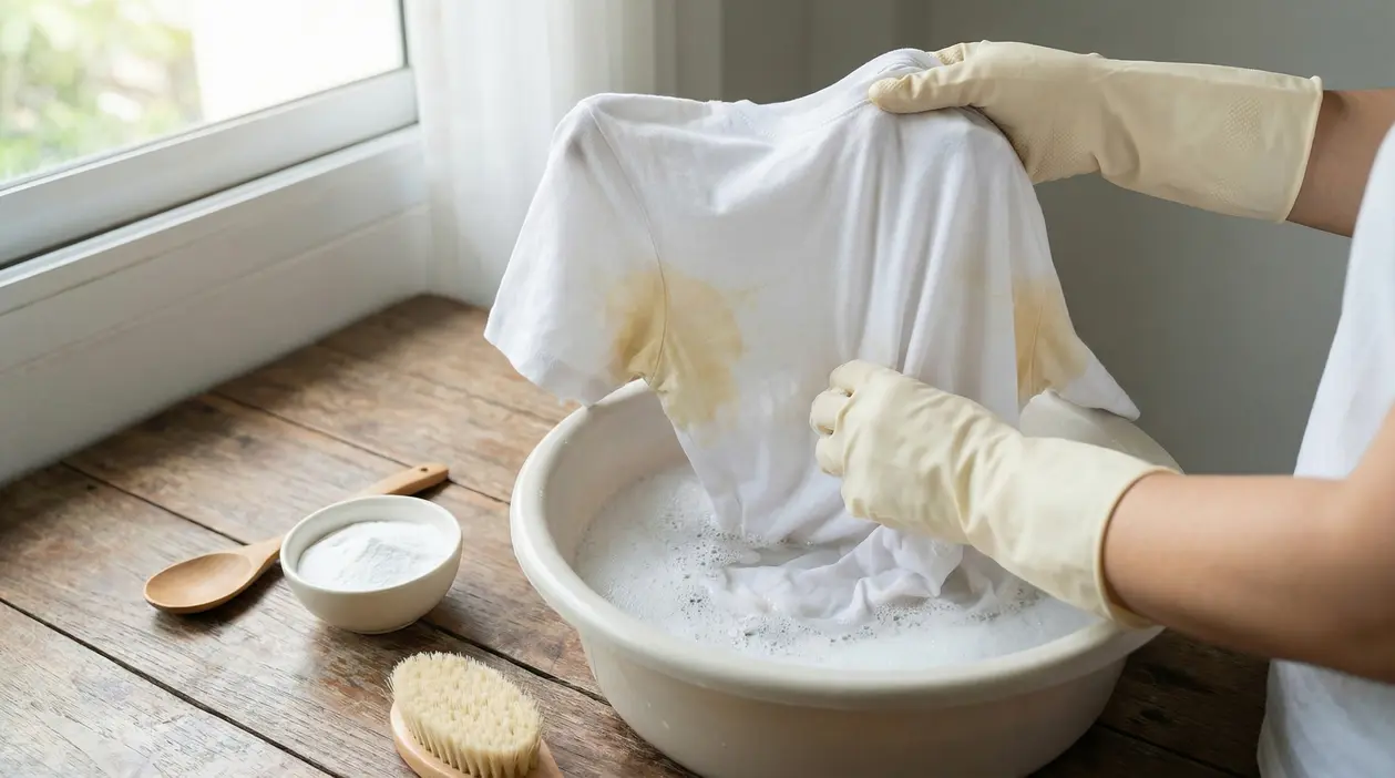 Persona con guanti che lava una maglietta bianca con macchie di sudore in una bacinella con acqua saponata