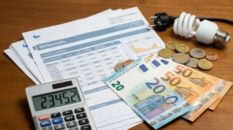 Bolletta della luce con calcolatrice, lampadina a risparmio energetico e banconote in euro su un tavolo