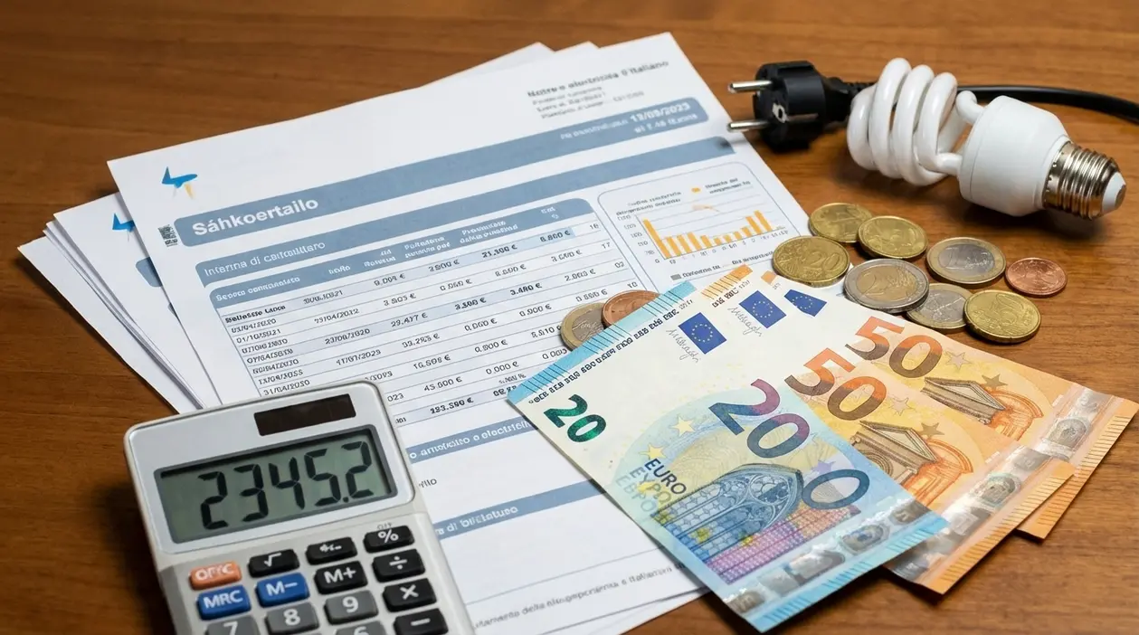 Bolletta della luce con calcolatrice, lampadina a risparmio energetico e banconote in euro su un tavolo
