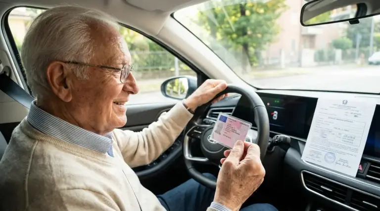 Anziano al volante mostra la patente in auto, tema rinnovo patente over 80 e validità