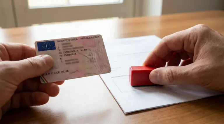 Mani che tengono una patente di guida italiana e un timbro su un modulo per pratiche di rinnovo