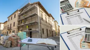 Condominio con ponteggi e operai al lavoro sulla facciata, con documenti e calcolatrice per la ripartizione delle spese