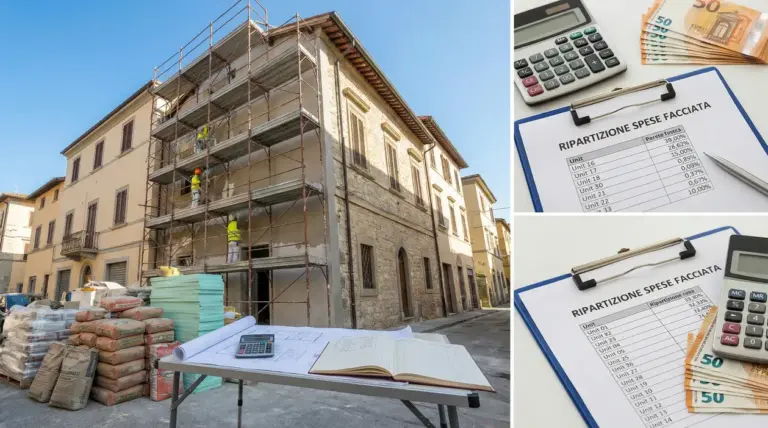 Condominio con ponteggi e operai al lavoro sulla facciata, con documenti e calcolatrice per la ripartizione delle spese