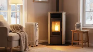 Stufa a pellet accesa in un soggiorno moderno con riscaldatori elettrici