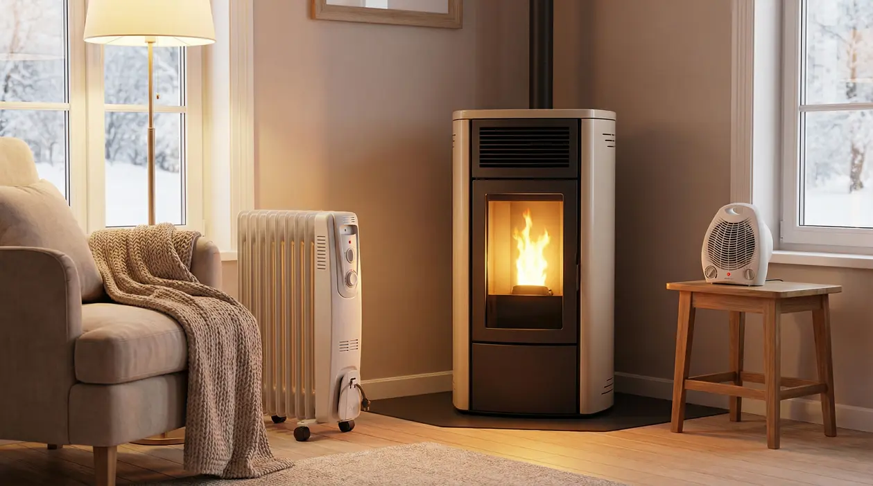 Stufa a pellet accesa in un soggiorno moderno con riscaldatori elettrici