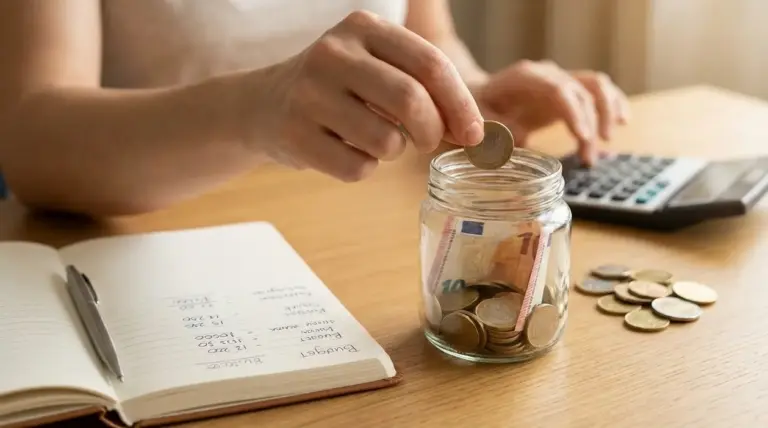 Una persona inserisce una moneta in un barattolo con banconote e monete, con quaderno di budget e calcolatrice sul tavolo.