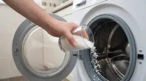 Una mano versa del sale grosso in un cestello di lavatrice aperto