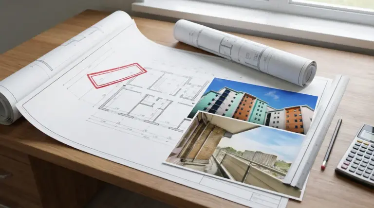 Planimetria su scrivania con foto di edificio e balcone, strumenti tecnici e calcolatrice, per pratiche di sanatoria edilizia