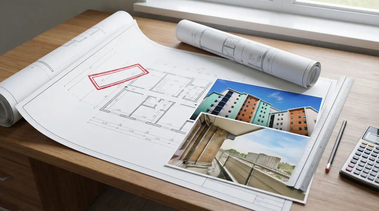 Planimetria su scrivania con foto di edificio e balcone, strumenti tecnici e calcolatrice, per pratiche di sanatoria edilizia