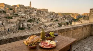 Tagliere con salumi, formaggi, pane e vino su terrazza con vista sui Sassi di Matera al tramonto