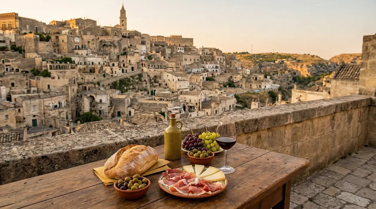 Tagliere con salumi, formaggi, pane e vino su terrazza con vista sui Sassi di Matera al tramonto