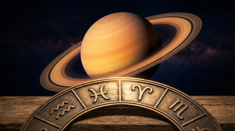 Pianeta Saturno con anello zodiacale in primo piano