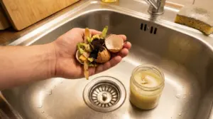 Una mano tiene scarti alimentari sopra un lavandino della cucina in acciaio.