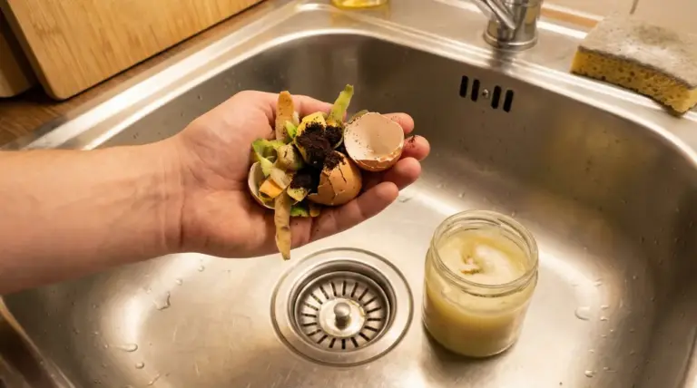 Una mano tiene scarti alimentari sopra un lavandino della cucina in acciaio.