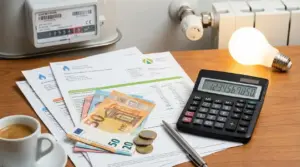 Bollette e contatore, calcolatrice e banconote in euro su un tavolo, per calcolare sconti su luce e gas