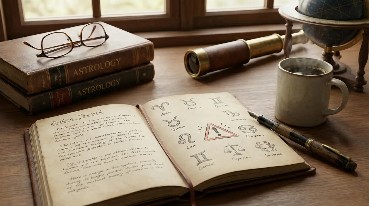 Taccuino aperto con simboli zodiacali su una scrivania con libri di astrologia e una tazza di caffè