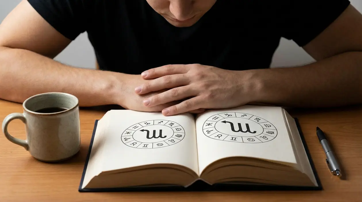 Persona che osserva un libro aperto con simboli zodiacali e segno dello Scorpione