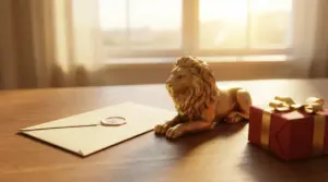 Statua di leone dorata accanto a una busta sigillata e un pacco regalo su un tavolo