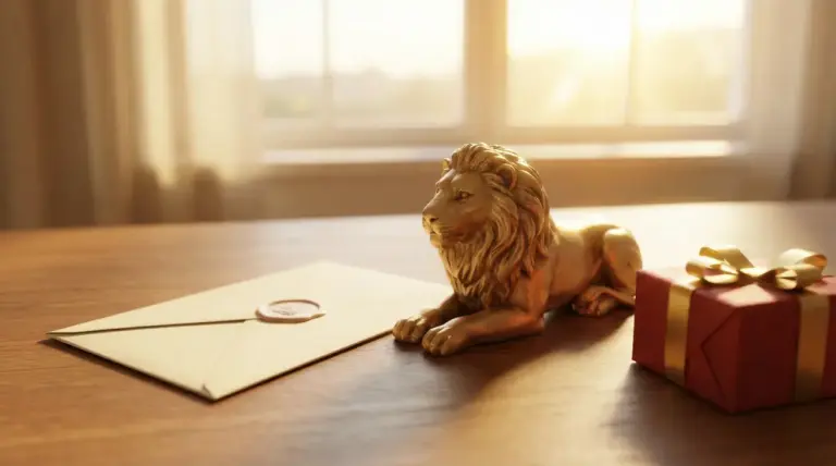 Statua di leone dorata accanto a una busta sigillata e un pacco regalo su un tavolo