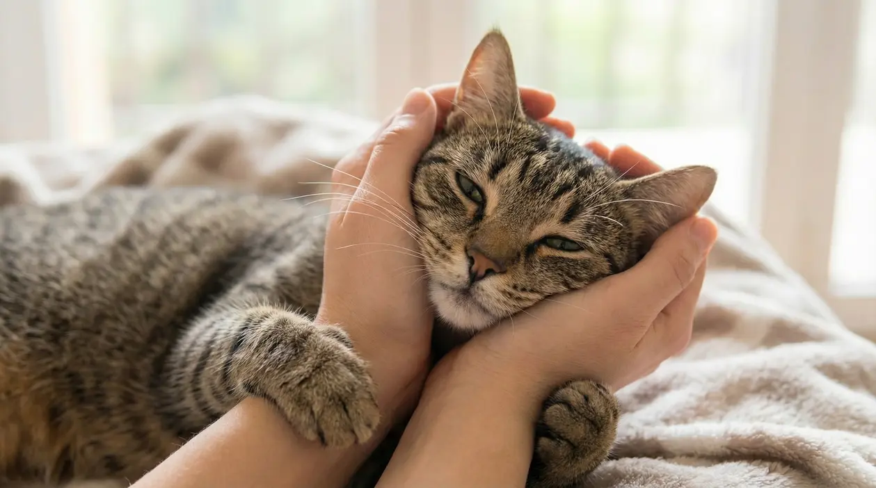 Gatto tigrato coccolato da una persona su un letto