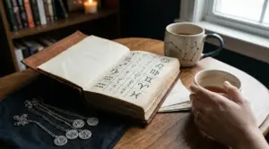 Una mano tiene una tazza vicino a un libro aperto con simboli zodiacali su un tavolo di legno