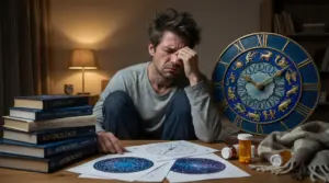Persona seduta accanto a carte astrologiche e orologio zodiacale, con un'espressione affaticata