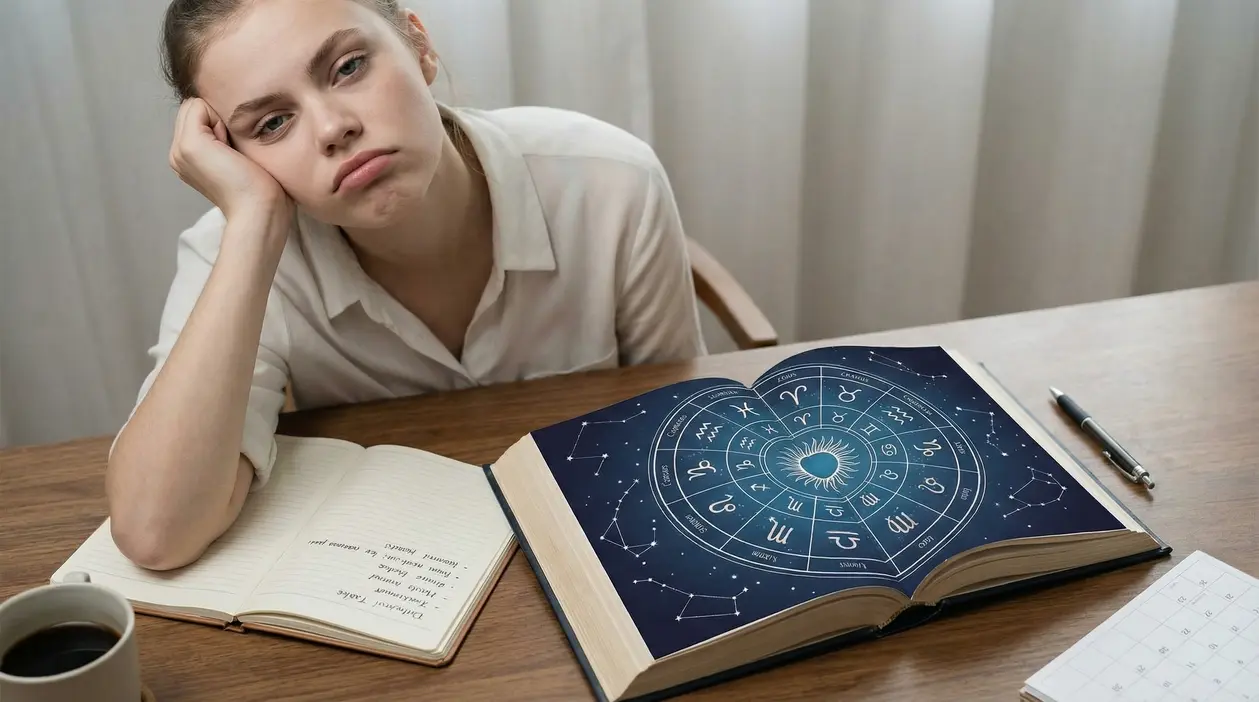 Una persona annoiata seduta a un tavolo con un libro di astrologia aperto e un quaderno.
