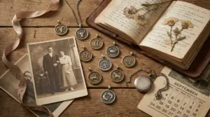 Ciondoli con simboli zodiacali, foto vintage e diario aperto su un tavolo in legno