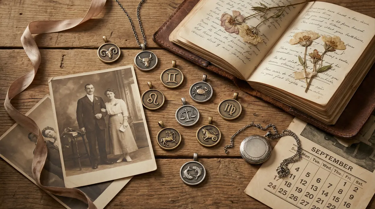 Ciondoli con simboli zodiacali, foto vintage e diario aperto su un tavolo in legno
