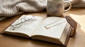 Taccuino aperto con costellazioni disegnate, occhiali, una collana e una tazza su un tavolo.