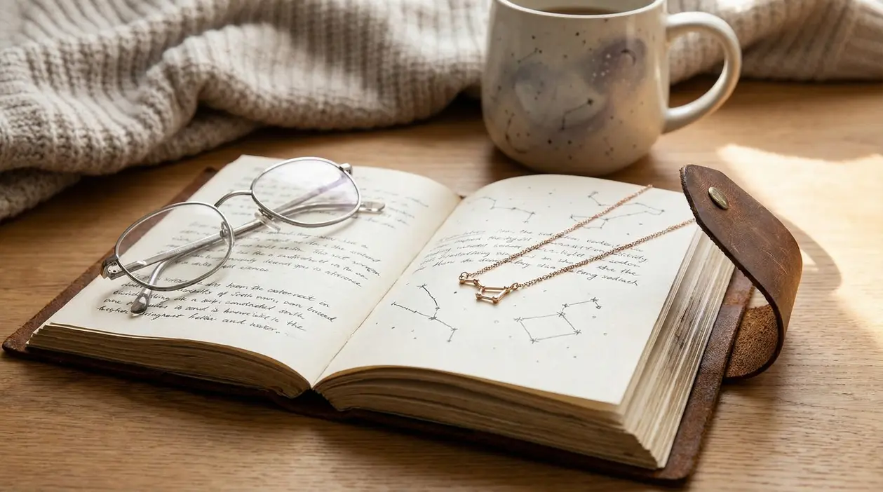 Taccuino aperto con costellazioni disegnate, occhiali, una collana e una tazza su un tavolo.