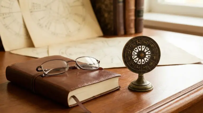 Oggetti legati all'astrologia su un tavolo, con una ruota zodiacale antica e una lente da vista su un libro.