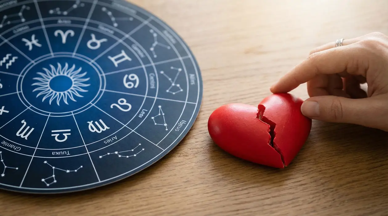 Mano che tocca un cuore rosso spezzato accanto a una ruota astrologica