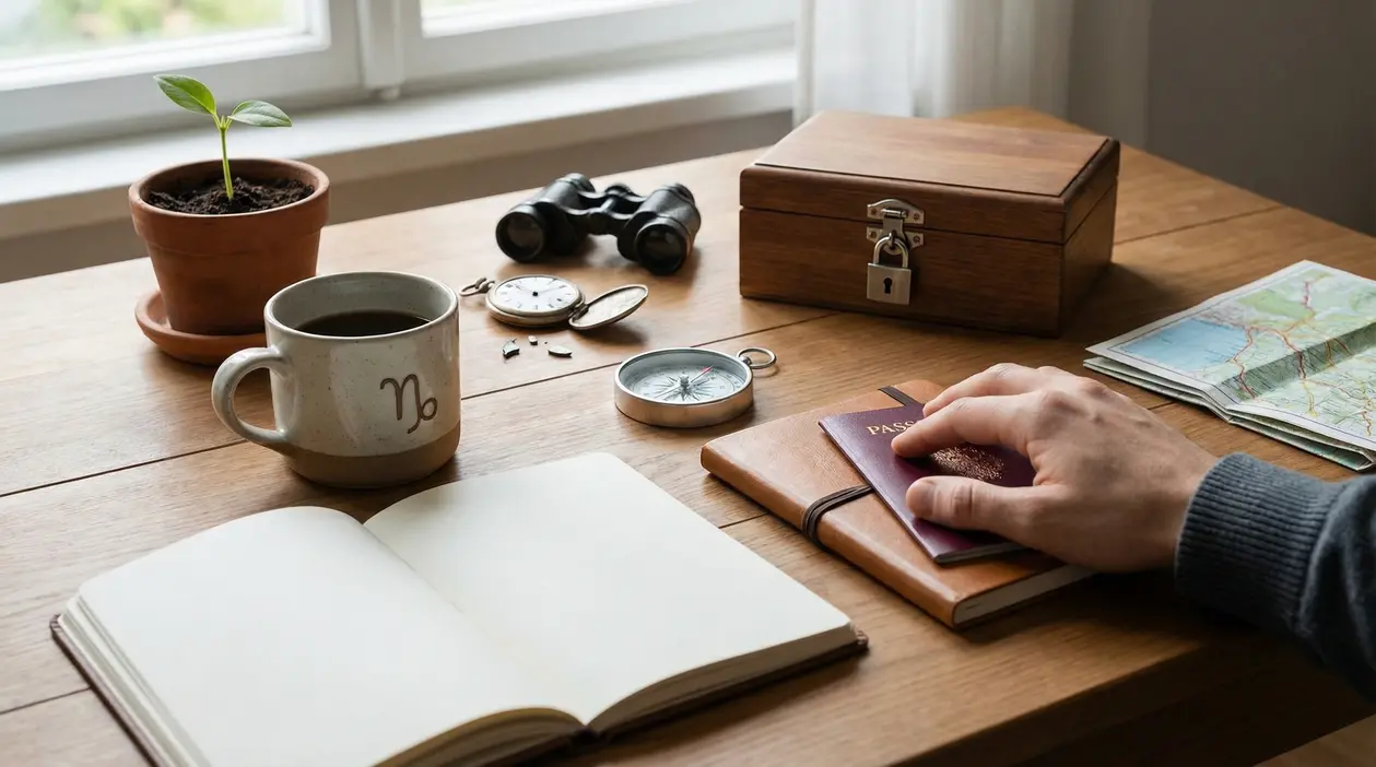 Una mano tiene un passaporto su un tavolo con taccuino, bussola, tazza, piantina e altri oggetti da viaggio