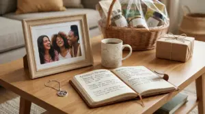 Tavolino con taccuino astrologico, tazza, foto di gruppo e cesto regalo