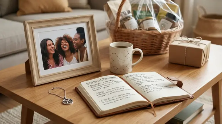 Tavolino con taccuino astrologico, tazza, foto di gruppo e cesto regalo