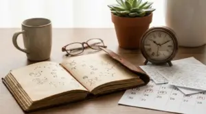 Libro aperto con simboli zodiacali su un tavolo con tazza, orologio e calendario