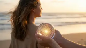 Persona sulla spiaggia guarda una sfera con simboli zodiacali illuminata dal sole