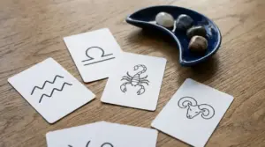 Carte con simboli zodiacali su un tavolo accanto a un piattino con pietre