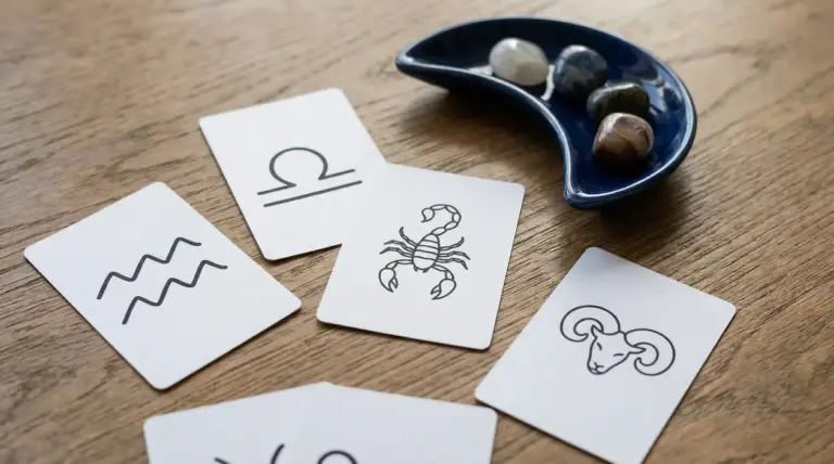 Carte con simboli zodiacali su un tavolo accanto a un piattino con pietre