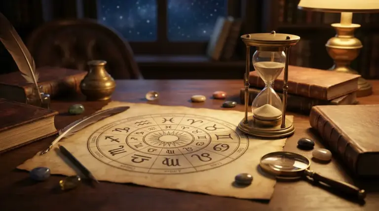 Tavolo con mappa dei segni zodiacali, clessidra e libri antichi in un'atmosfera notturna