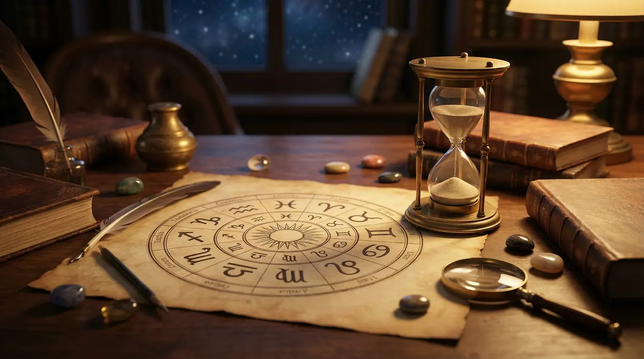 Tavolo con mappa dei segni zodiacali, clessidra e libri antichi in un'atmosfera notturna