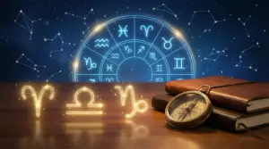 Simboli zodiacali con costellazioni, bussola e libri su tavolo in legno