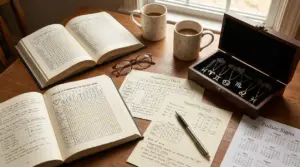 Libri, schede e collane con simboli zodiacali su un tavolo di legno