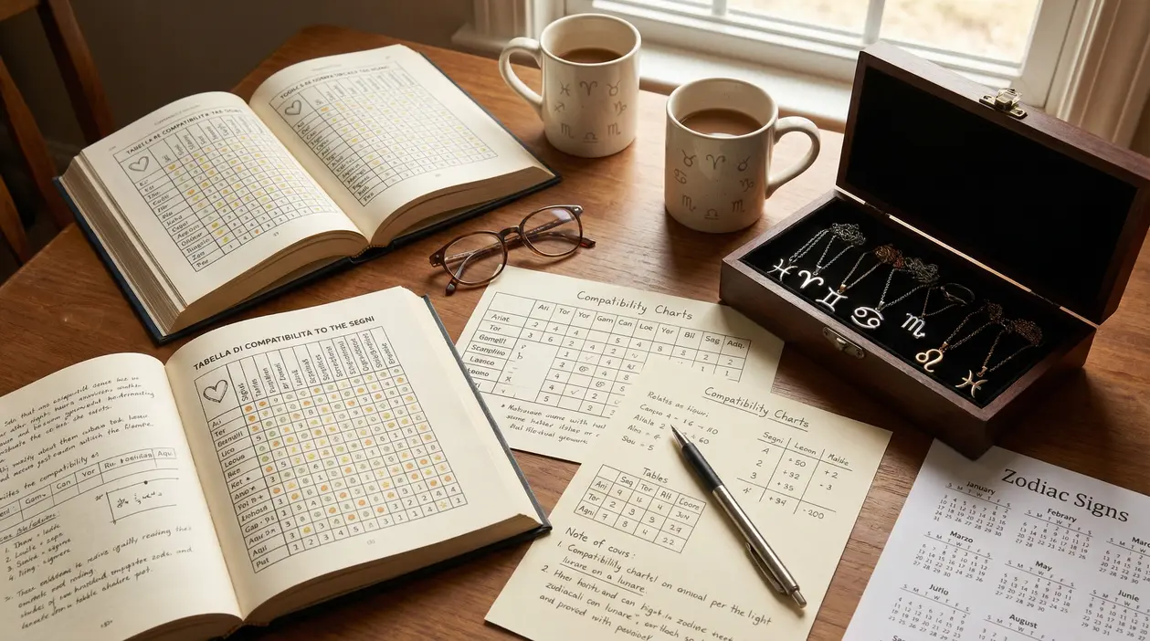 Libri, schede e collane con simboli zodiacali su un tavolo di legno