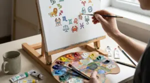 Una persona dipinge simboli zodiacali colorati su una tela, con tavolozza e colori acrilici