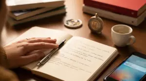 Una mano scrive su un quaderno aperto accanto a un caffè, libri e uno smartphone con messaggio in arrivo